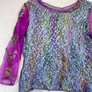 WOMENS M Purple Multicolor Crinkle Tunic Top Blouse Long Embellished Sleeves